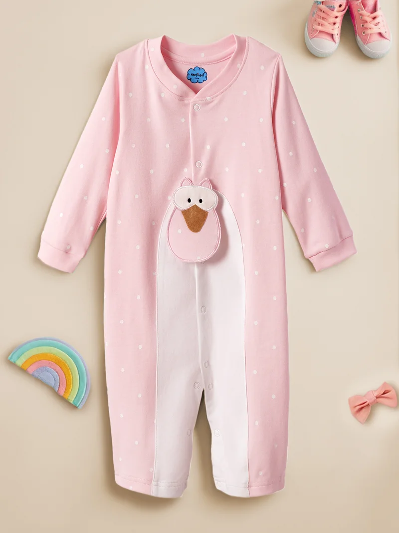 Baby Girls' Cotton Polka Printed with Applique and Snap Buttoned Sleepsuit